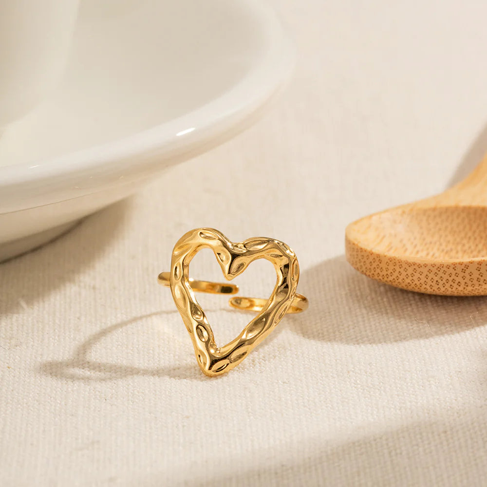 Anti Tarnish Chunky Hollow Out Heart Adjustable Ring
