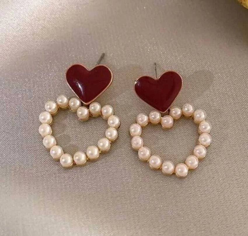 Double Heart Wine and Pearl Earrings