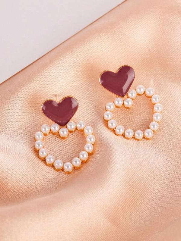 Double Heart Wine and Pearl Earrings