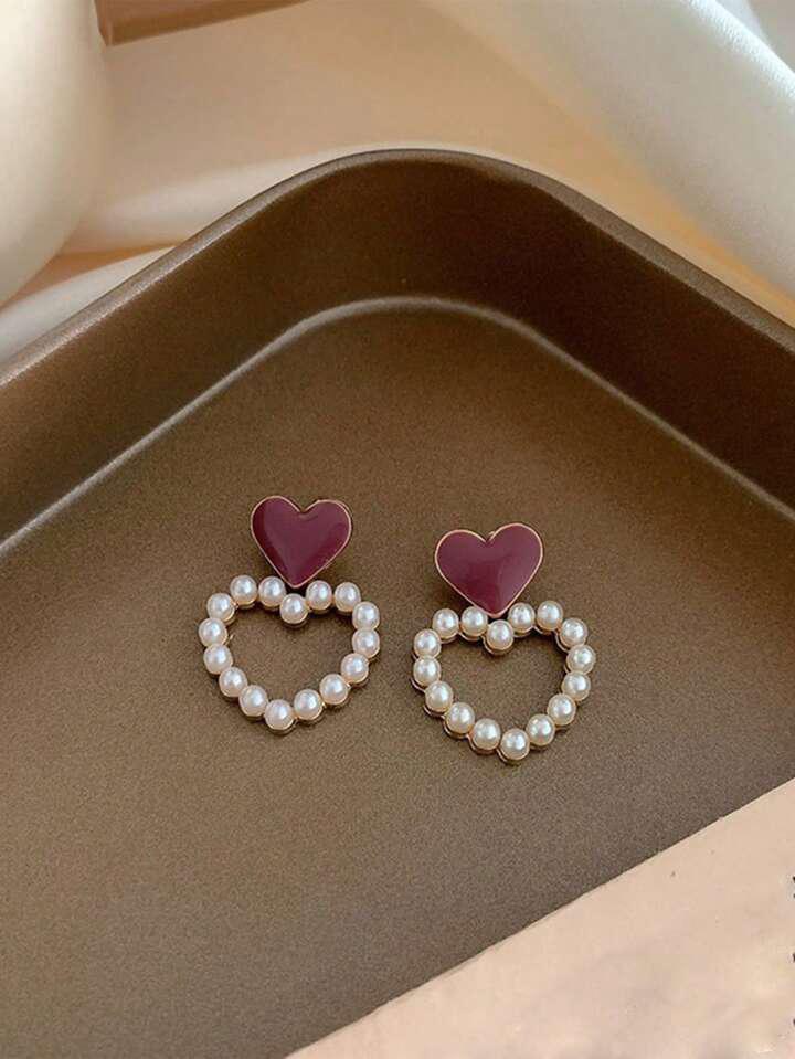 Double Heart Wine and Pearl Earrings