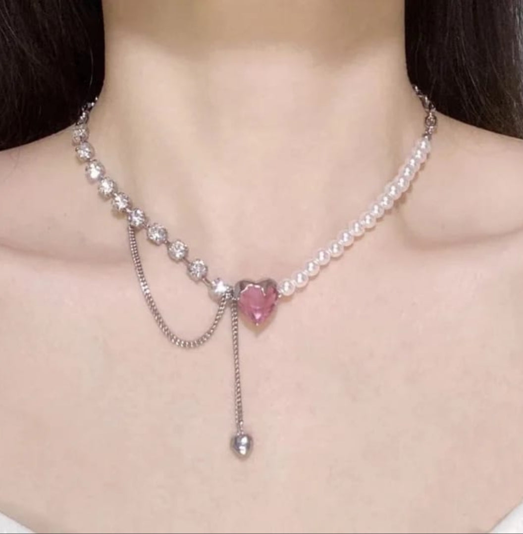 Pink Heart & Pearl Korean Chain Necklace