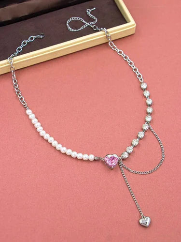 Pink Heart & Pearl Korean Chain Necklace