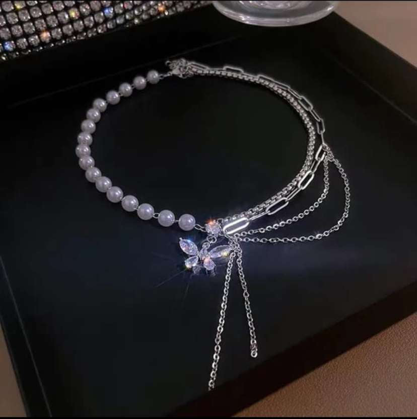 Multi Layered Korean Butterfly Pearl Necklace