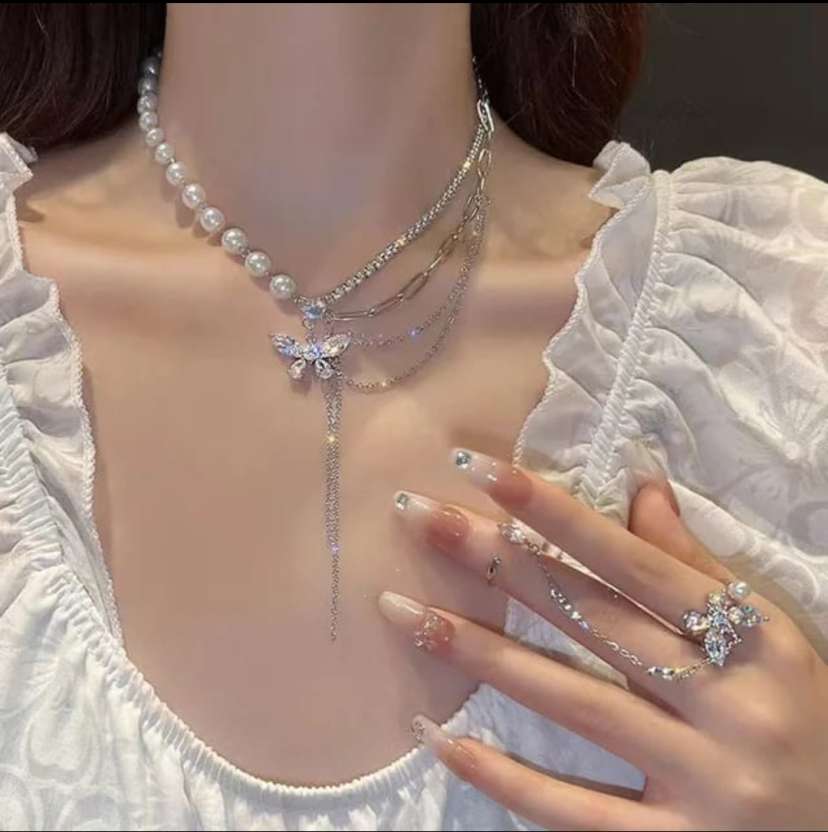 Multi Layered Korean Butterfly Pearl Necklace