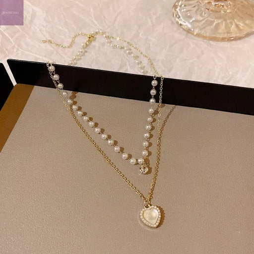 Double Layered Pearl Chain Heart Necklace