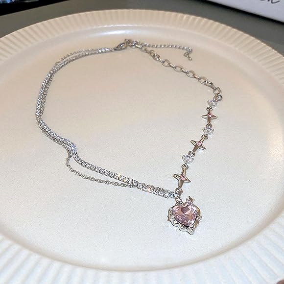 Crystal Heart Y2K Asymmetric Korean Necklace set