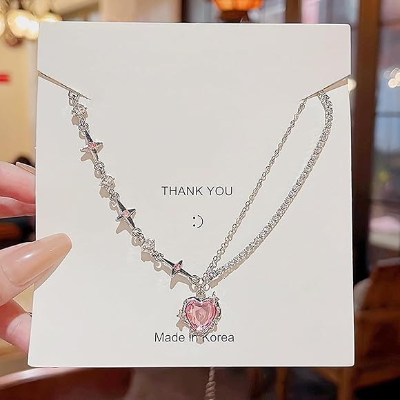 Crystal Heart Y2K Asymmetric Korean Necklace set