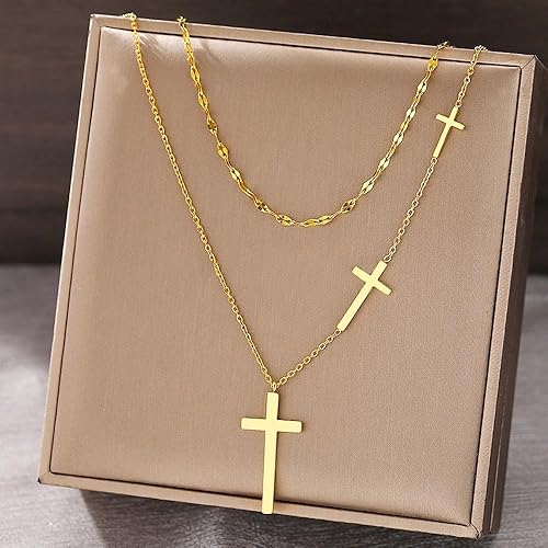 Dual Chain Three Cross Pendant Necklace