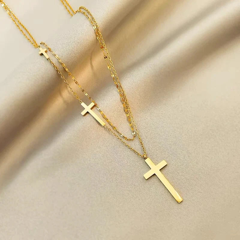 Dual Chain Three Cross Pendant Necklace