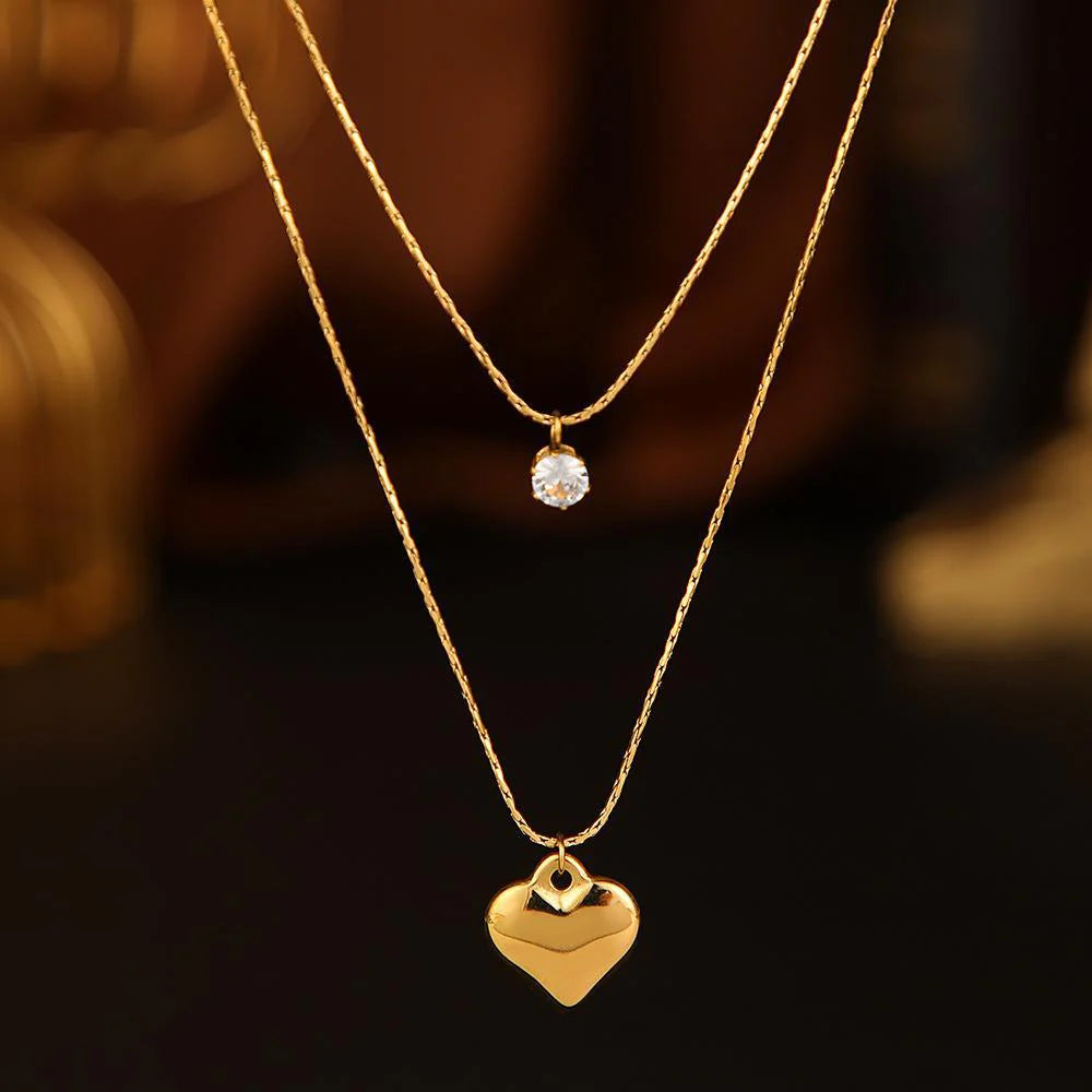 Double Layered Heart Crystal Pendant Necklace