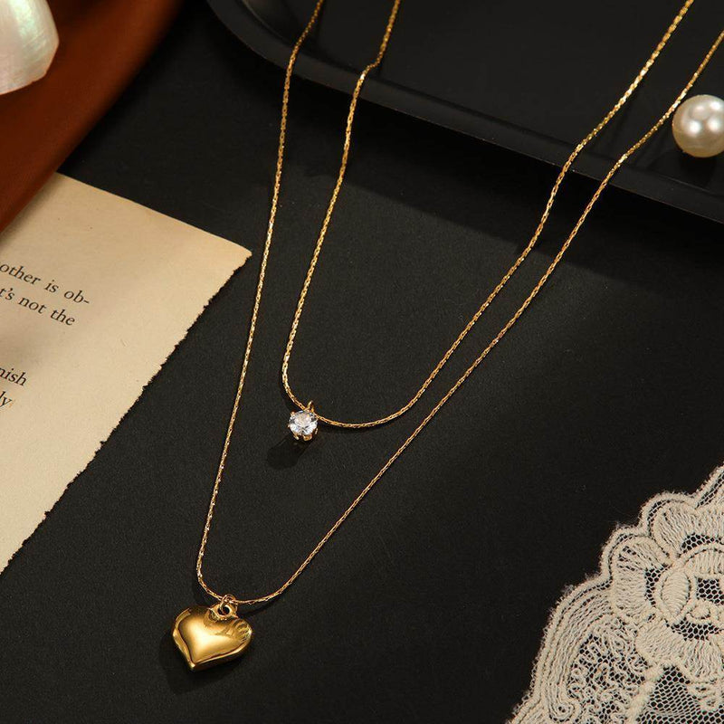 Double Layered Heart Crystal Pendant Necklace
