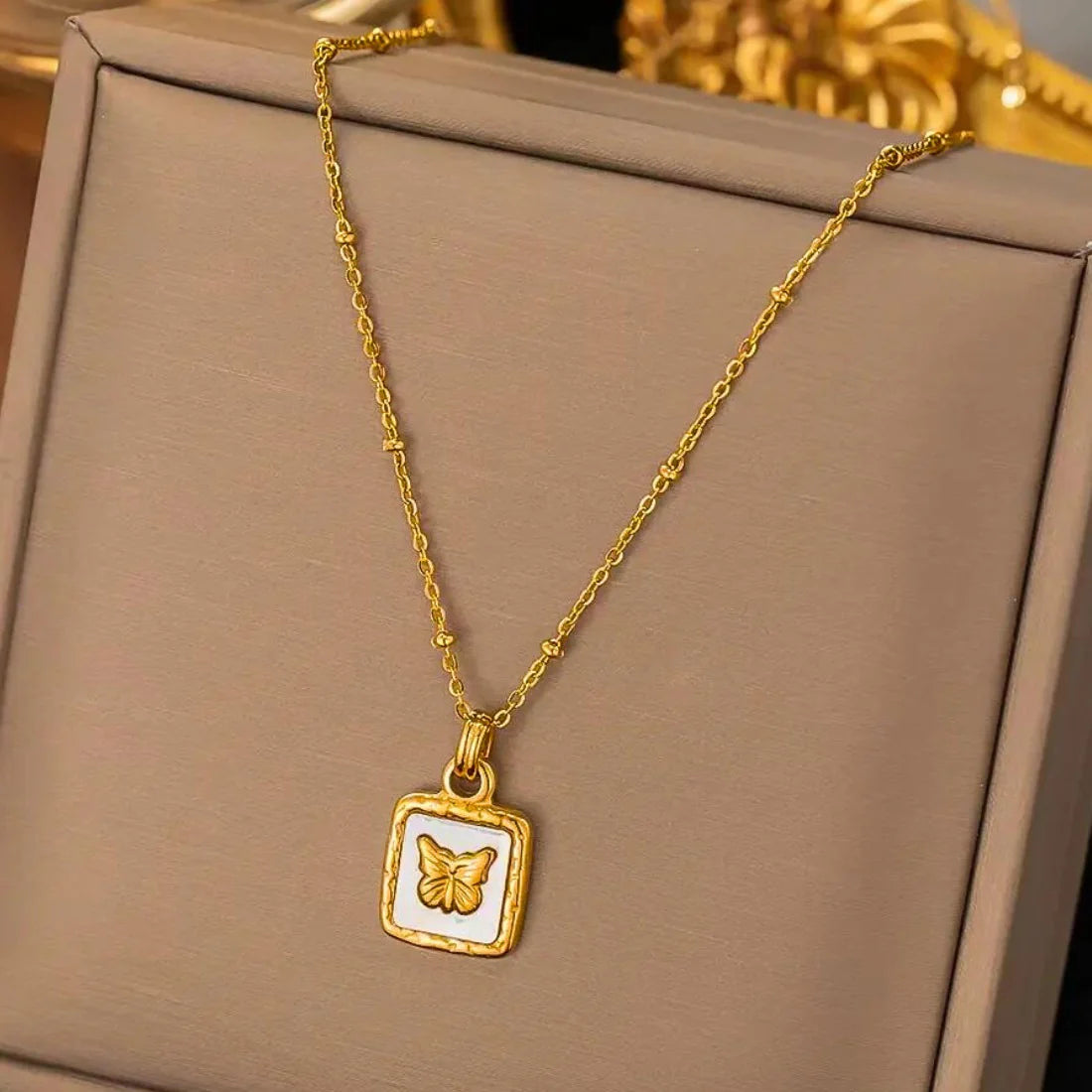 Butterfly Studded Square Pendant Necklace