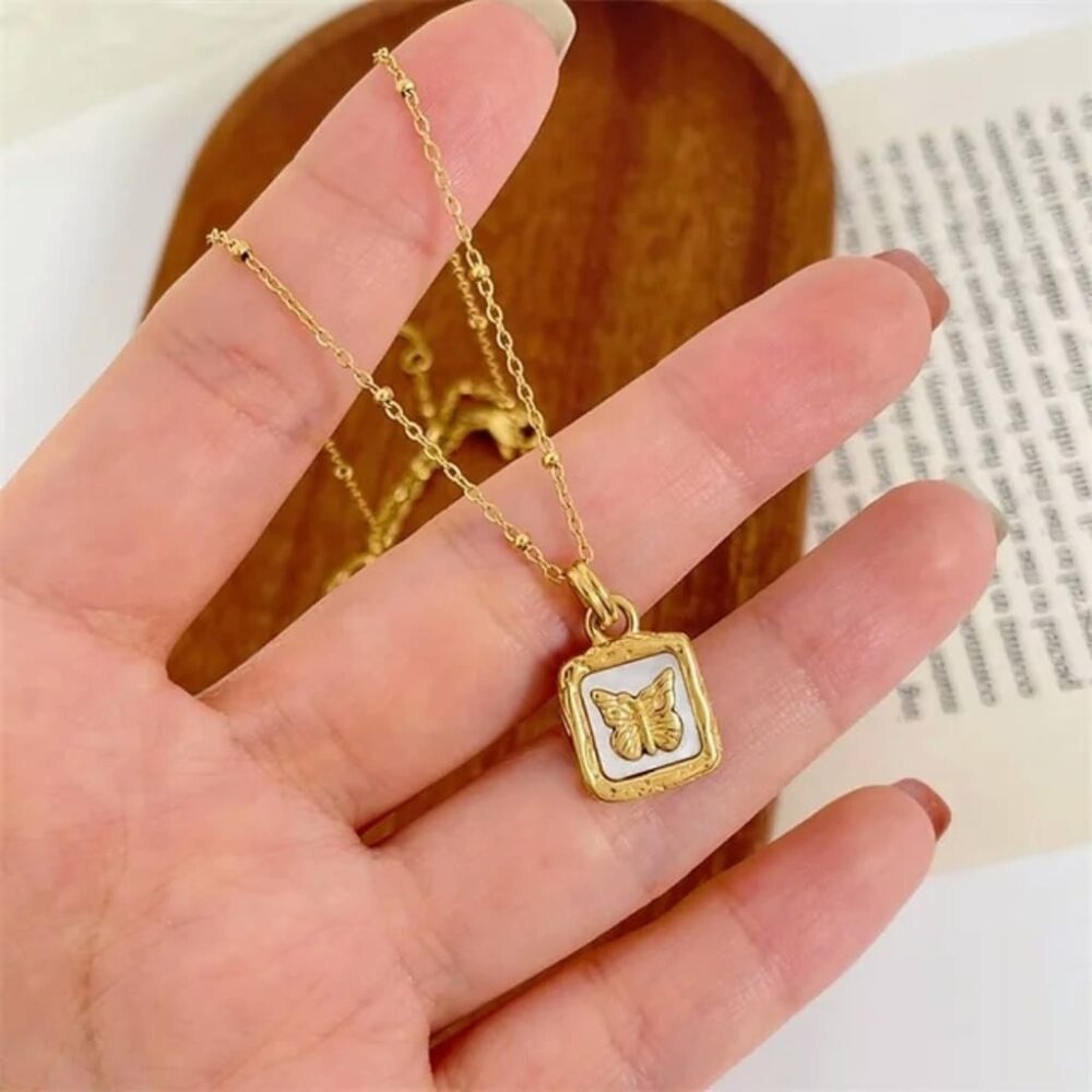 Butterfly Studded Square Pendant Necklace