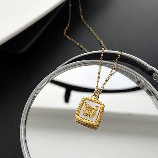 Butterfly Studded Square Pendant Necklace