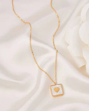 Stainless Steel Square Shell Inlaid Love Heart Pendant Necklace