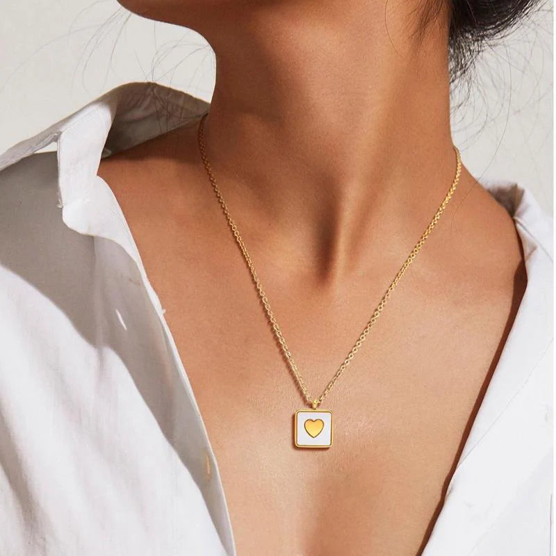 Stainless Steel Square Shell Inlaid Love Heart Pendant Necklace