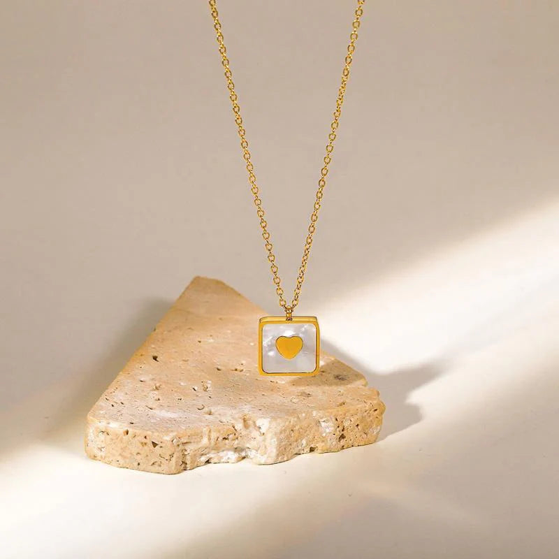 Stainless Steel Square Shell Inlaid Love Heart Pendant Necklace