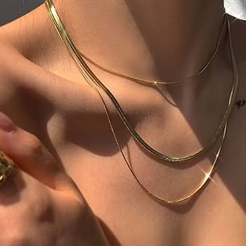 Herringbone Chain Layered Necklace, Gold Plated Snake Chain Choker Necklace