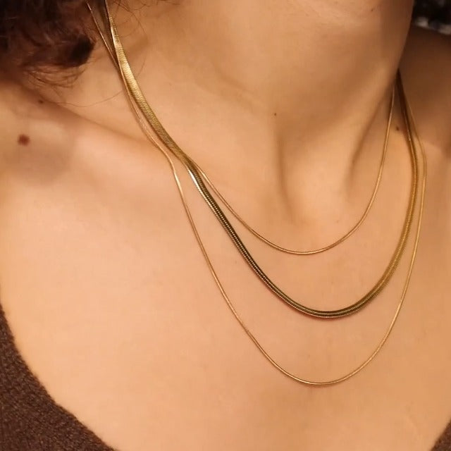 Herringbone Chain Layered Necklace, Gold Plated Snake Chain Choker Necklace