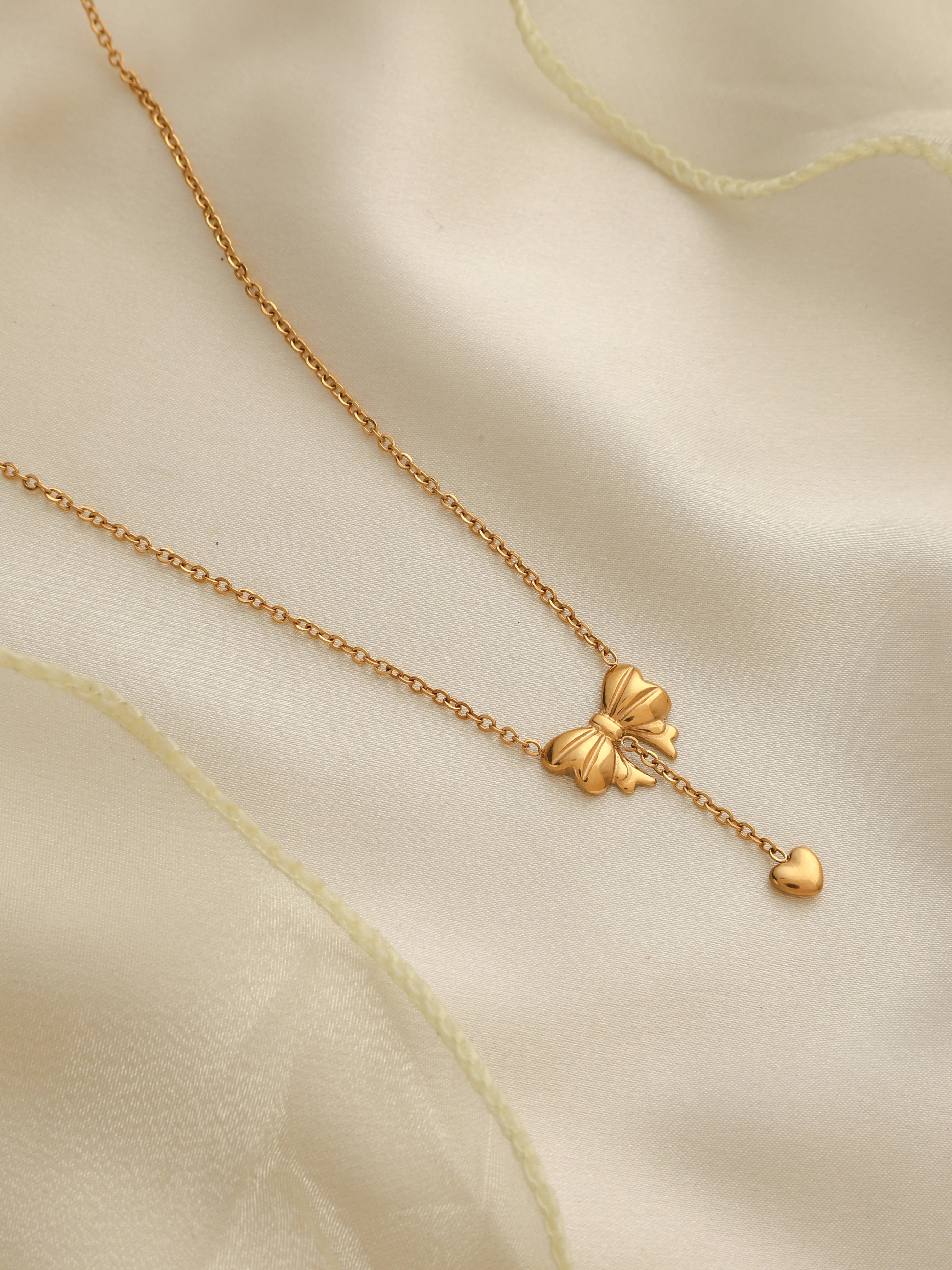 Bow Knot Heart Drop Pendant Necklace