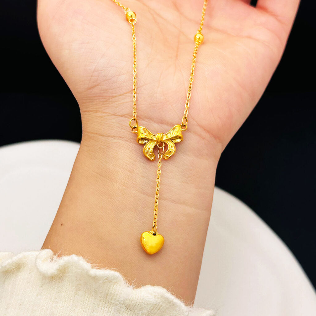 Bow Knot Heart Drop Pendant Necklace