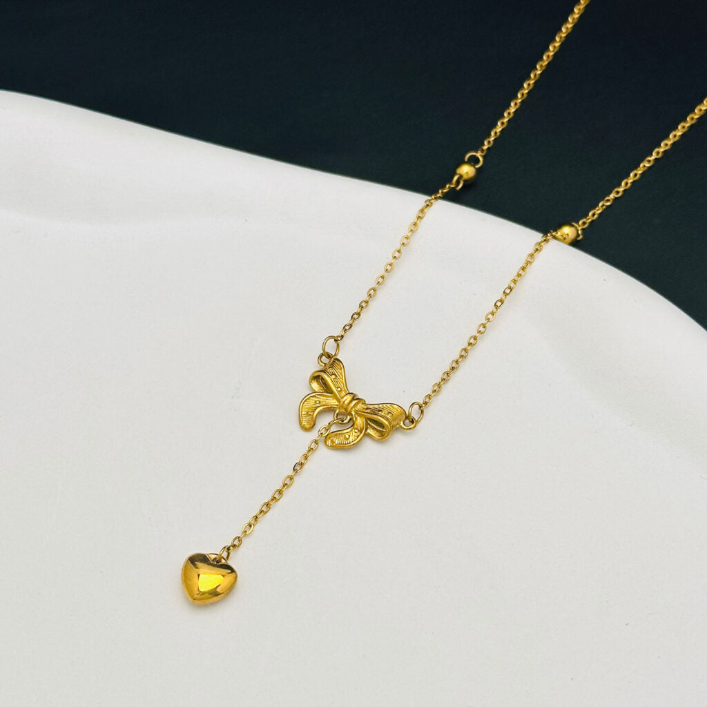 Bow Knot Heart Drop Pendant Necklace