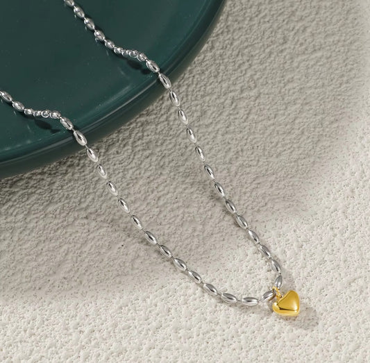 Silver Beads Chain, Gold Heart Pendant Necklace