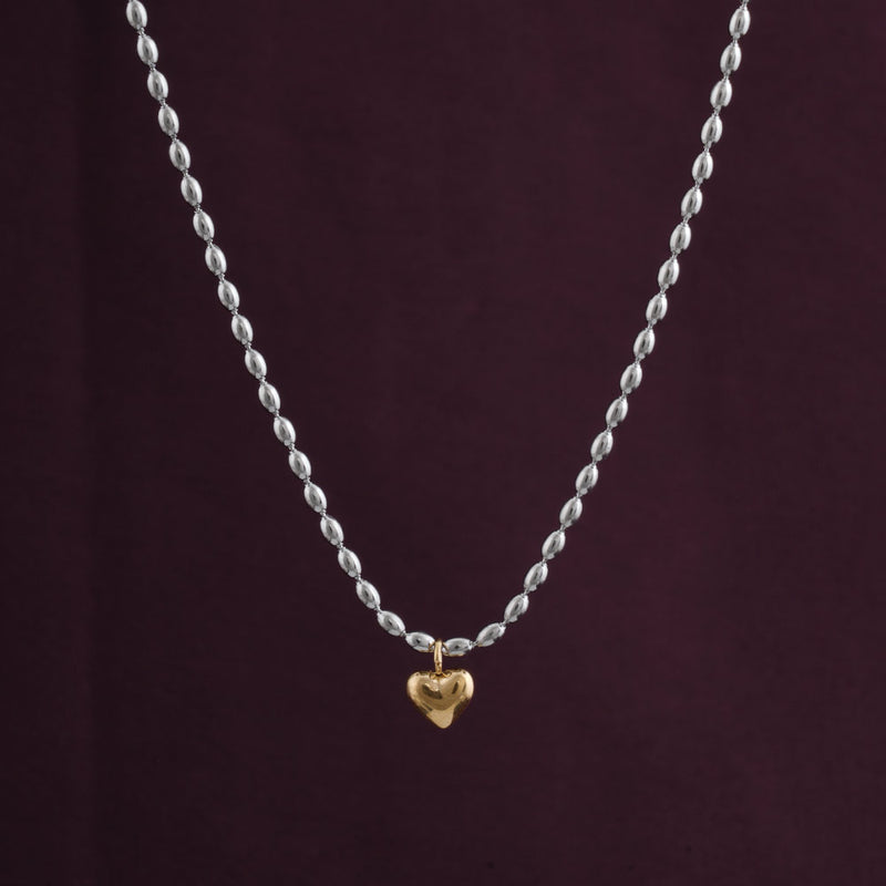 Silver Beads Chain, Gold Heart Pendant Necklace