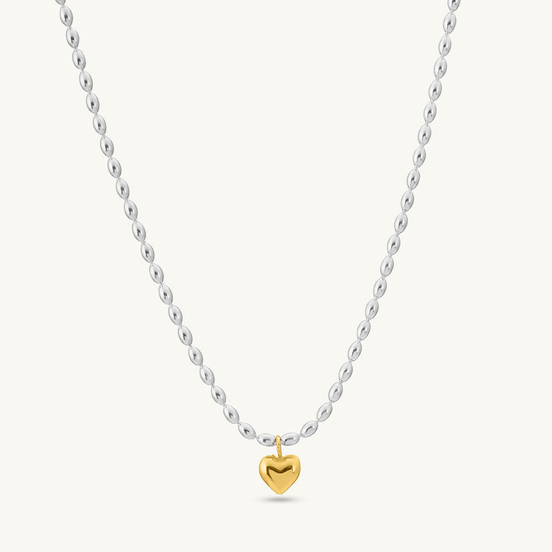 Silver Beads Chain, Gold Heart Pendant Necklace