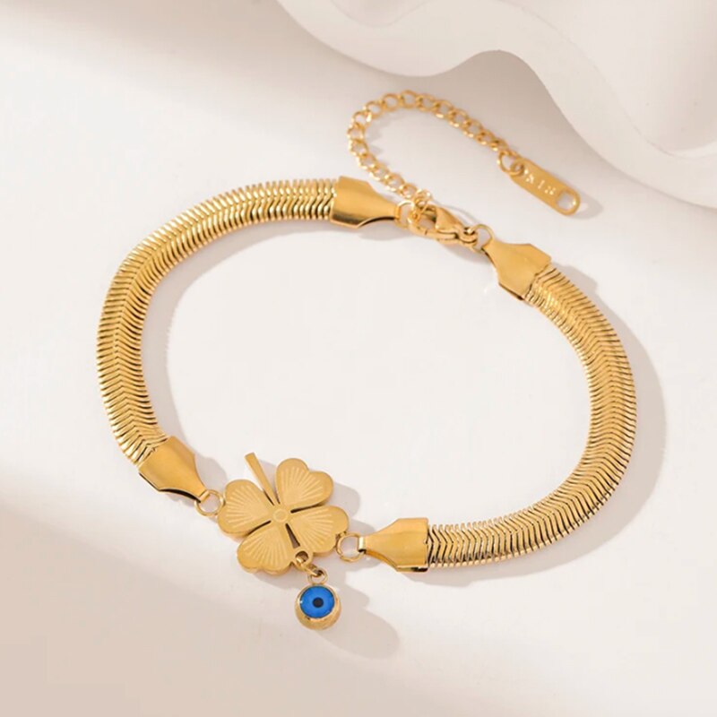 Evil Eye Charm Clover Leaf Snake Chain Bracelet