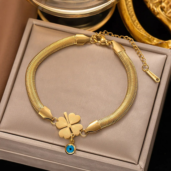 Evil Eye Charm Clover Leaf Snake Chain Bracelet