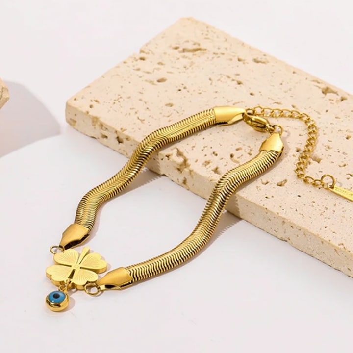 Evil Eye Charm Clover Leaf Snake Chain Bracelet