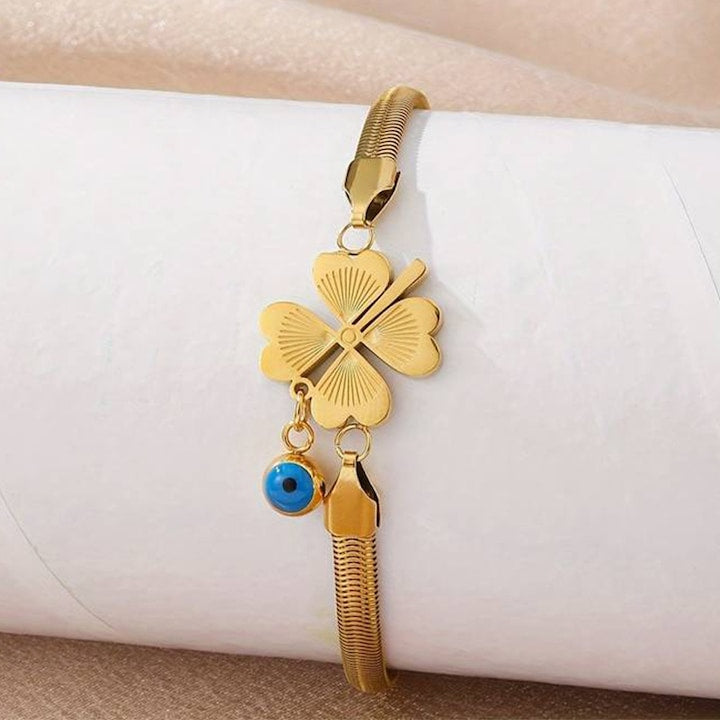 Evil Eye Charm Clover Leaf Snake Chain Bracelet