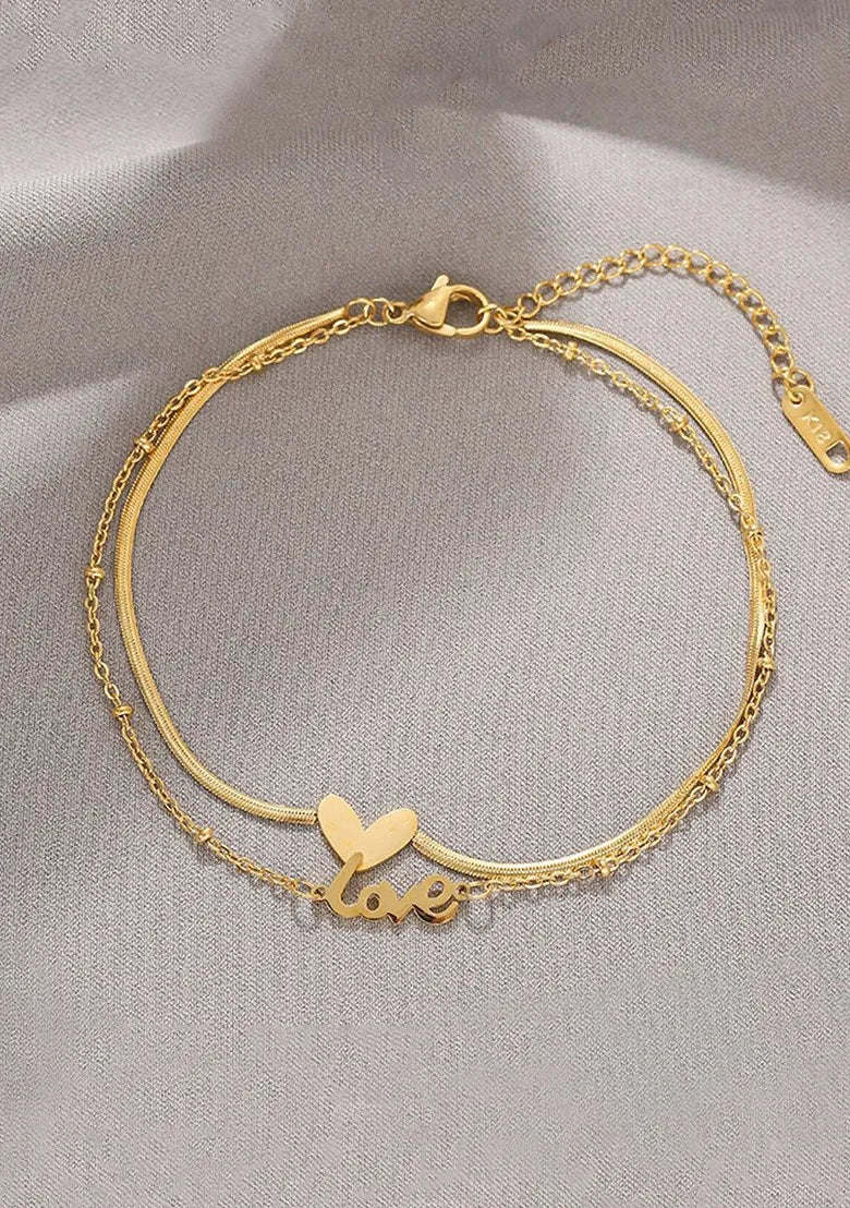 Double Layered Snake Chain Love Charm Bracelet