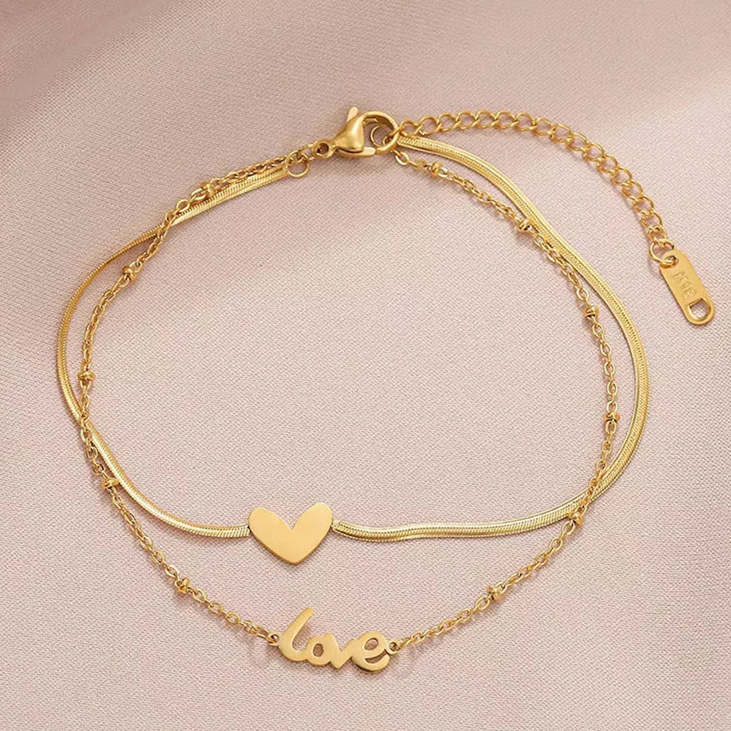 Double Layered Snake Chain Love Charm Bracelet