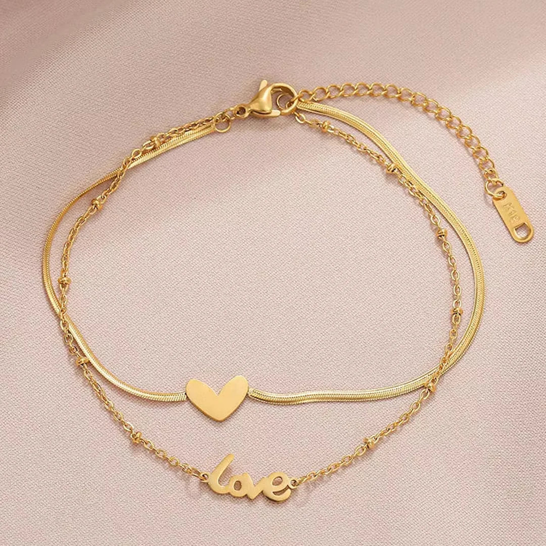 Double Layered Snake Chain Love Charm Bracelet