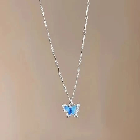 Korean Silver Plated Blue Butterfly Necklace