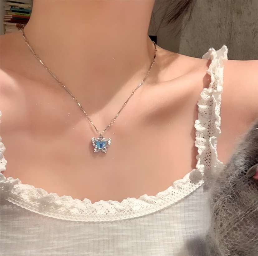 Korean Silver Plated Blue Butterfly Necklace