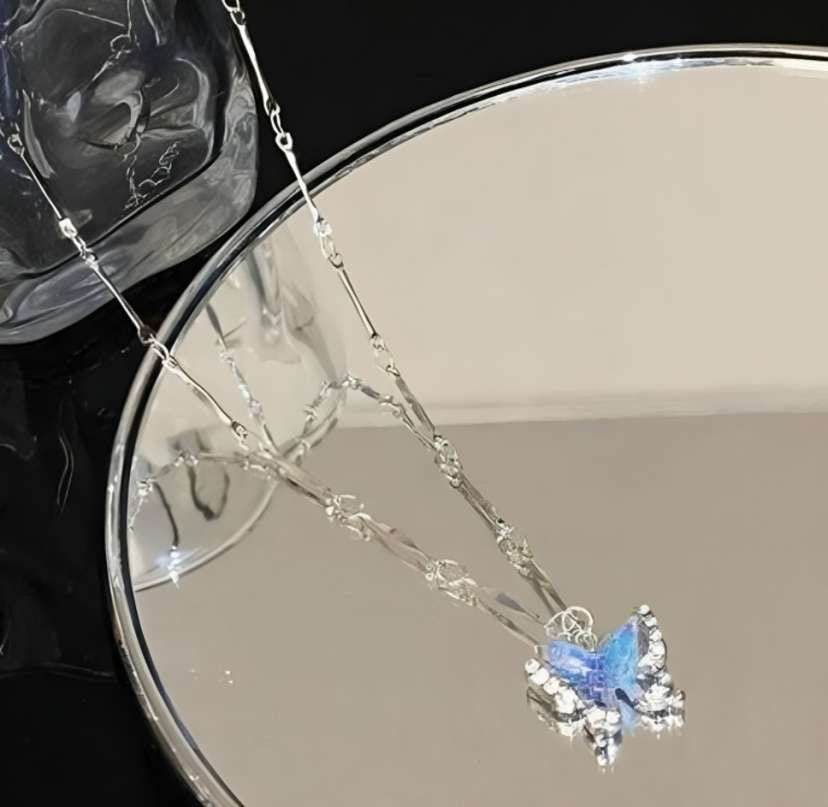 Korean Silver Plated Blue Butterfly Necklace