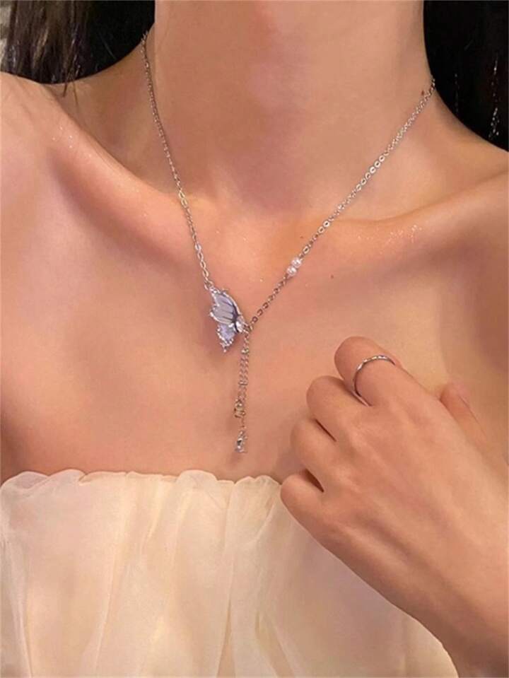 Classic Half Butterfly Wing Drop Silver Necklace