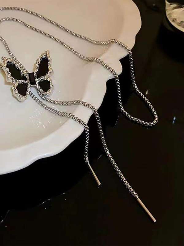 Adjustable Black Butterfly Long Choker Chain Necklace