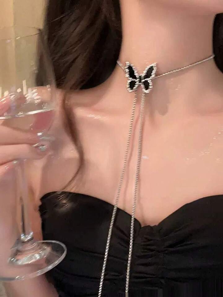 Adjustable Black Butterfly Long Choker Chain Necklace