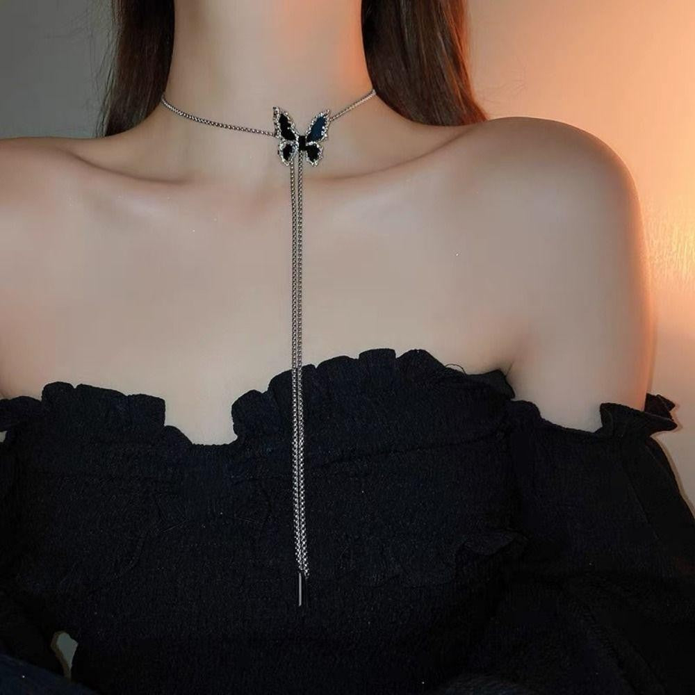 Adjustable Black Butterfly Long Choker Chain Necklace