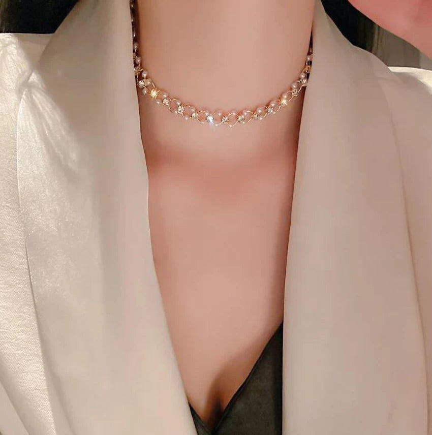 Luxury Rhinestones Pearls Shiny Choker Necklace
