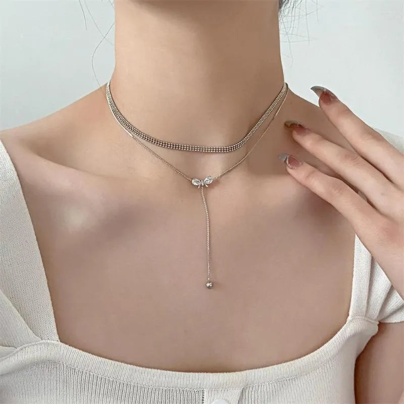 Bow Drop Dual Chain Silver Choker Necklace