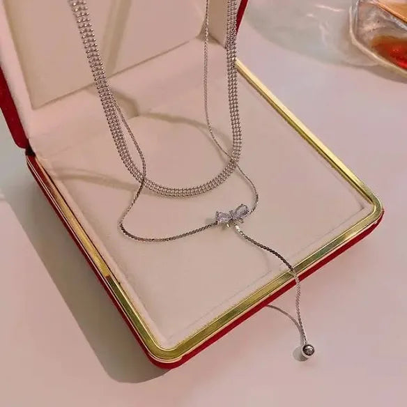 Bow Drop Dual Chain Silver Choker Necklace