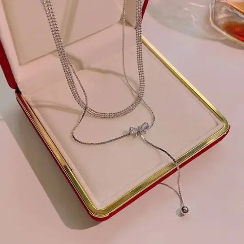 Bow Drop Dual Chain Silver Choker Necklace
