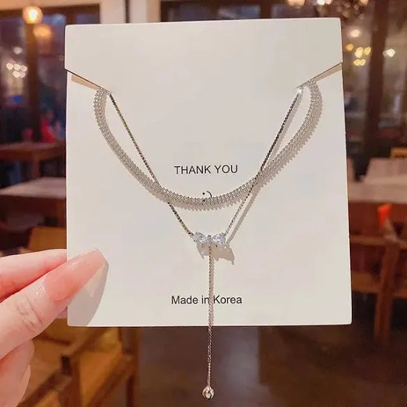 Bow Drop Dual Chain Silver Choker Necklace