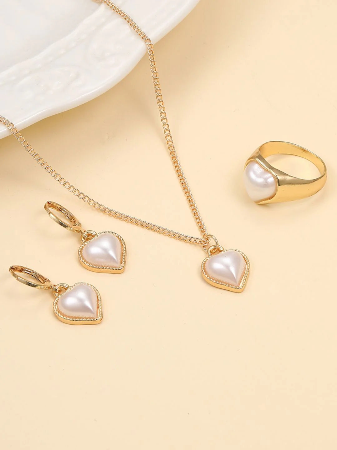White Pearl Heart Jewellery Combo Set