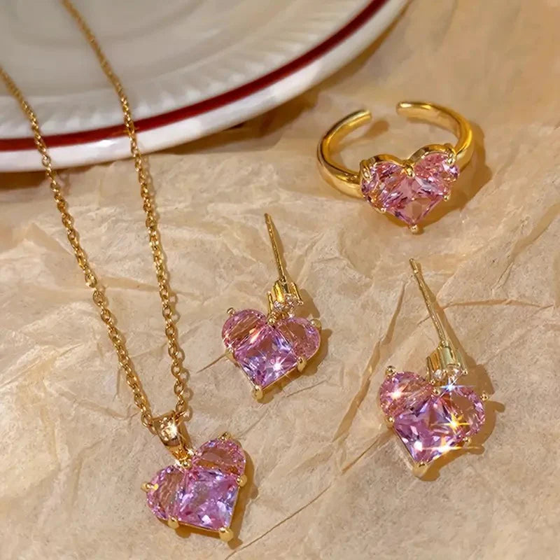 Pink Crystal Diamond Heart Combo Set